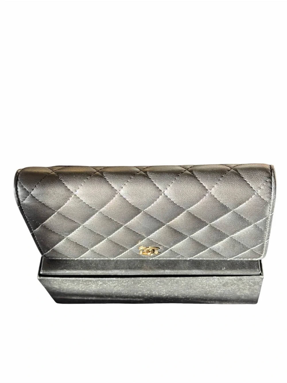 CHANEL Quilted Card Holder in Metallic Gray with Gold CC